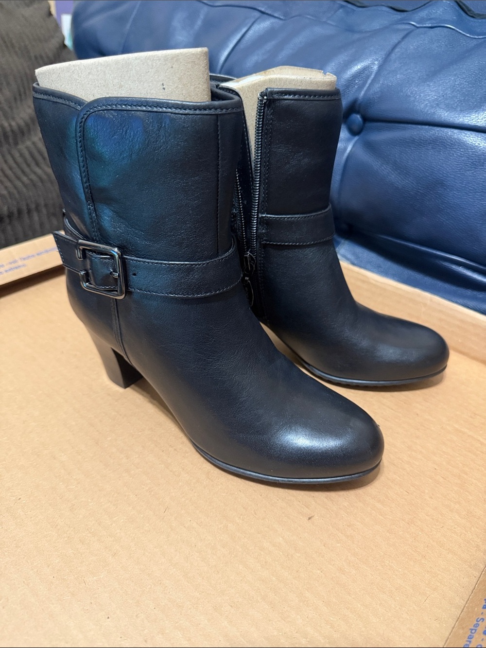 Clarks Black Leather Mid-Heel Ankle Booties with Buckle